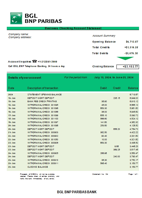 Relevé de compte courant d'entreprise BGL BNP Paribas Modèle Word et PDF scr